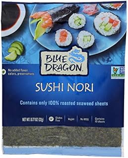 Blue Dragon Sushi Nori, 10 Full Sheets Per Pack, 0.77 Oz (Pack of 1), 100% Roasted Seaweed, Gluten Free, Vegan Friendly