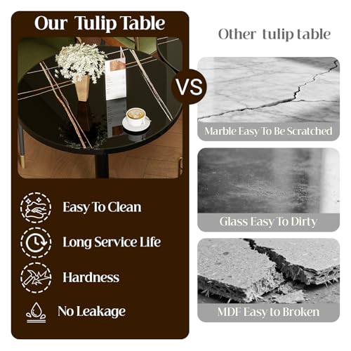 Image of 63 inch Tulip Table, Small Round Dining Table with 1.2 inch Thick Sintered Stone Tabletop and Golden Metal Pedestal Base, Bistro Table for Diner, Bar, Restaurant, kitchen, Bakery,Apartment (Marble Black Gold)