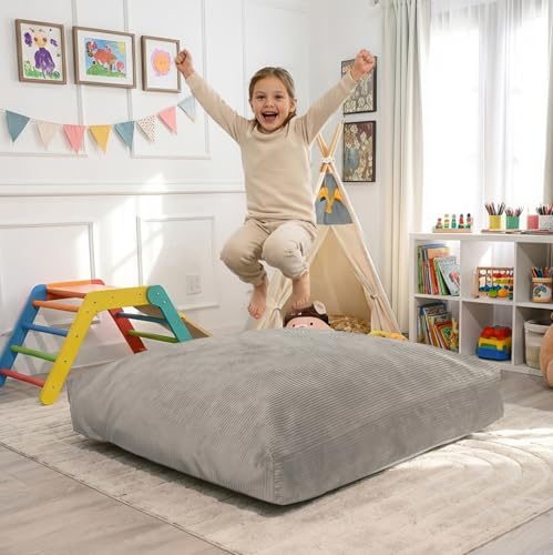 Foamma Crash Pad – (60’’ X 60’) (5 Ft X 5 Ft) Light Gray Corduroy Fabric – Sensory Crash Pad with Foam Blocks for Autistic Kids, Soft & Washable Cover – Ideal for Kids & Adults to Jump, Play, Relax