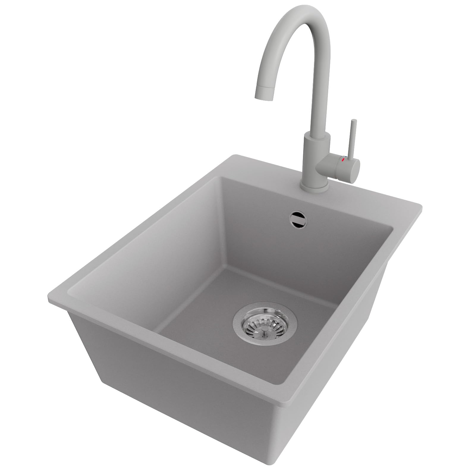 PRIMAGRAN Granitspüle Grau - Riga, 38x50cm | Spülbecken 1 Becken + Küchenarmatur 32x20cm + Zuberhor-Set, Küchenspüle ab 40er Unterschrank (S049)