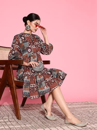 Image of YUFTA Rust Digital Print Fit and Flare Tiered Dress (1163DRSRT )