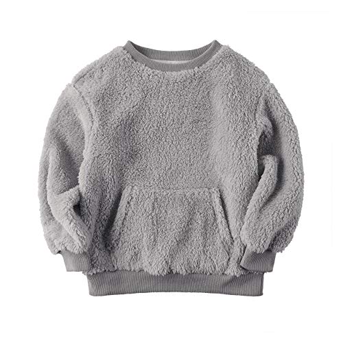Baby Kids Boys Girls Fuzzy Sherpa Pullover Sweatshirts Crew Neck Sport Front Pocket Fall Winter Warm Tops Gray