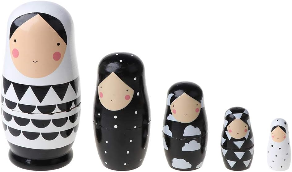 ABOCIDEGE Matryoshka Russian Dolls, 5Pcs Wooden Russian Nesting Dolls, Cute Black and White Nesting Dolls , Waterproof Stacking Matryoshka Doll