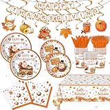 123PCS Turkey Party Supplies for Thanksgiving Themed Fall Pumpkin Decoration Tableware Set for Kids Party with Tablecloth and Banner Leaves Harvest Dessert Plates Napkins Cups Hanging Swirl Set