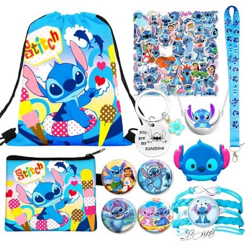 TGECTP Stitch Stuff Merch Gifts Set, Cute Anime Stuff Accessories Include Drawstring Bag Backpack Coin Wallet Stickers Lanyard Necklace Bracelet Keychain Phone Holder Button Pins