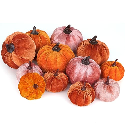 Image of Artmag 12Pcs Fall Artificial Velvet Pumpkins Assorted Sizes Orange Brown Pink Fake Farmhouse Harvest Pumpkins for Fall Thanksgiving Party Home Decoration