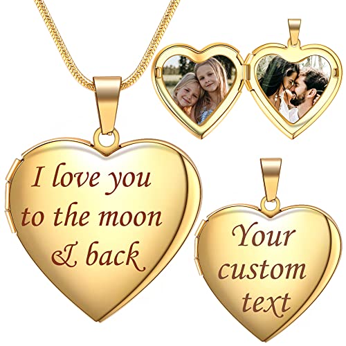 Farfume Personalisierte Foto-Medaillon-Halskette - Herz Medaillon mit Gravur Text und 2 Zwei Fotos - Kette mit Bild (Glossy-Golden) Cover