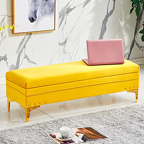 Lujoso banco otomano de terciopelo amarillo con reposapiés y cambiador de zapatos para sala de estar y entrada, elegante extremo de la cama, 80 x 40 x 40 cm