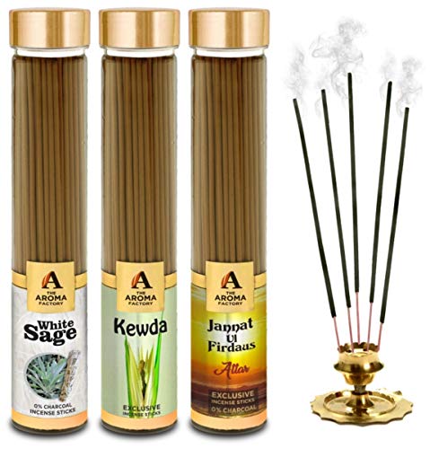Image of The Aroma Factory White Sage,Kewda & Attar Jannat Agarbatti for Pooja,Luxury Incense Sticks,100% Herbal Fragrance Agarbathi (Bottle Pack of 3x100g)
