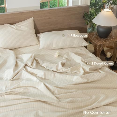 Image of MooMee Striped Duvet Cover Set 100% Washed Cotton Linen Like Twin | Relaxed Linen-like Texture. Soft, Breathable & Long-lasting Comfort. Lightweight. Hidden Zipper with 8 Interior Corner Ties