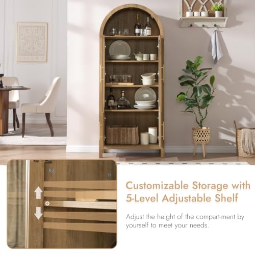 Image of 71 inch Tall Arched Display Cabinet, 5-Tier Bookshelf Modern Farmhouse Arched Bookcase with Glass Doors and Shelves, Wooden Pantry Storage Cabinet for Living Room, Office and Kitchen, Caramel Oak