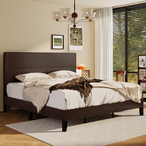 AMICLIBER Wood King Bed Frame, Platform Bed with Tall Headboard, Solid Wood Slat Support, Noise-Free Mattress Foundation, No Box Spring Needed, Easy Assembly, Brown — view 3