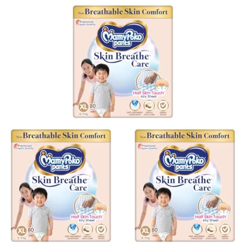 Image of MamyPoko Pants Skin Breathe Care | Baby Diapers Extra Large Size (XL) | 80 Count | 12-17Kgs | Half Skin Touch Airy Sheet | 3X Breathable | Derma Tested (Pack of 3)