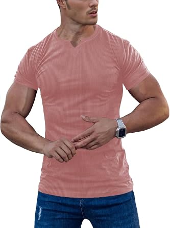 Mens Muscle Short Sleeve Shirts Slim Fit V Neck T-Shirts