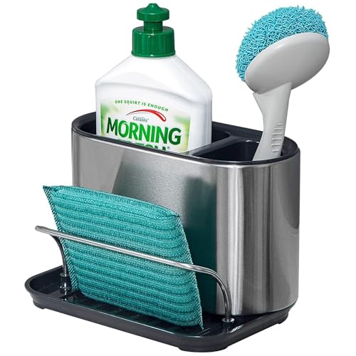 SARSTRY Organizador Fregadero, Soporte Estropajo Fregadero, Estropajo Organizador de acero inoxidable con Bandeja de goteo extraíble y compartimento de almacenamiento para fregaderos de cocina