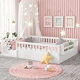 Duxelifin Full Toddler Floor Bed with High Rails, Wooden Montessori Bed Frame with Light and Storage Shelf, Full Size Bed Frame for Kids, Boys and Girls, White
