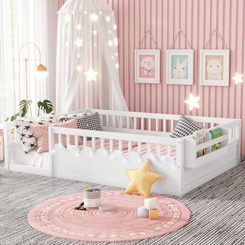 Duxelifin Full Toddler Floor Bed with High Rails, Wooden Montessori Bed Frame with Light and Storage Shelf, Full Size Bed Frame for Kids, Boys and Girls, White