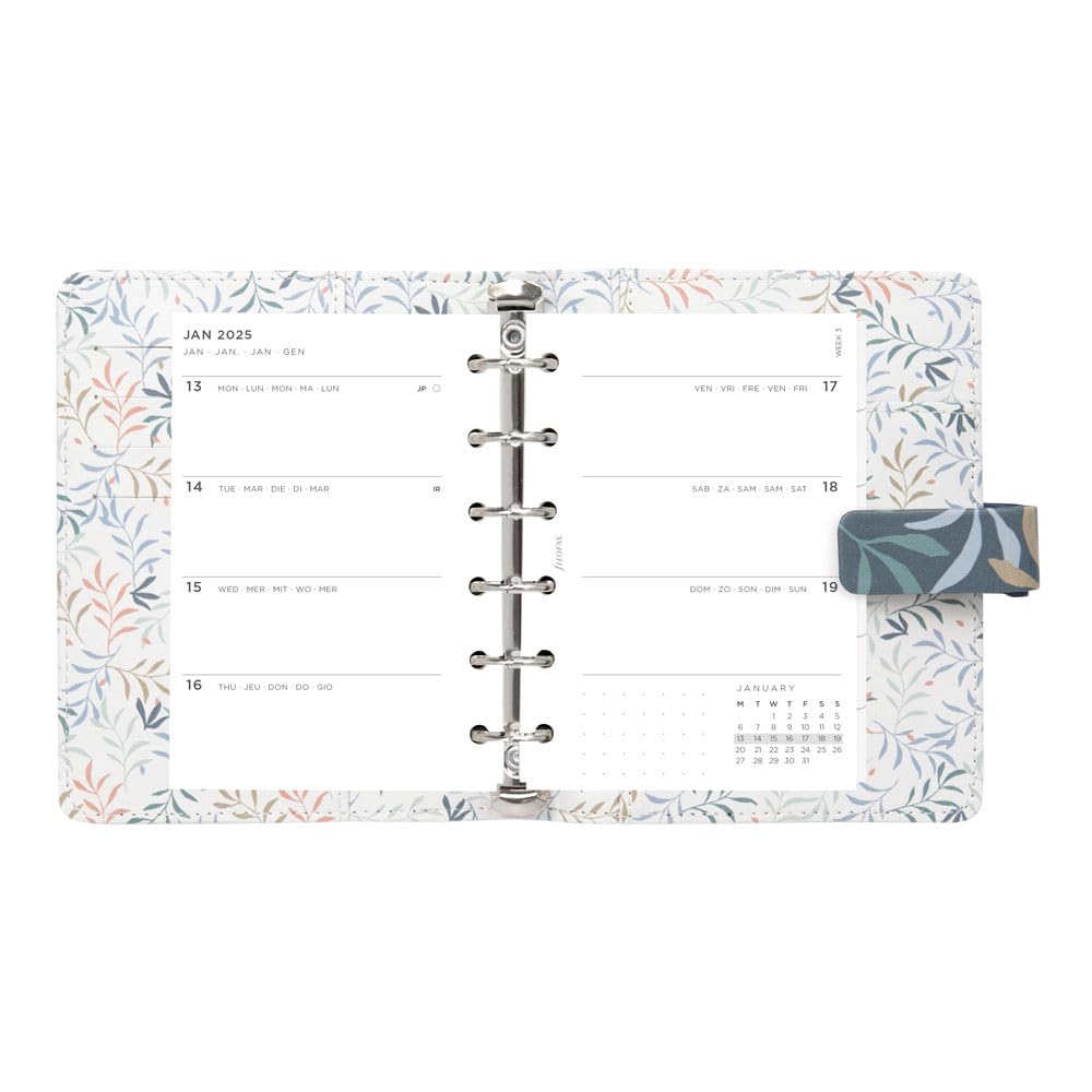 Filofax Botanical Organizer, Taschenformat, blau - glatt, Lederoptik, Sechs Ringe, Wochenansicht, Kalender Terminplaner, mehrsprachig, 2025 (C022644-25)