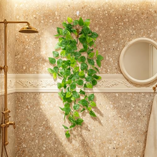 Image of LOYWREE 2 Pack Artificial Hanging Plants with Wall Planter, Faux Pothos Vines Fake Hanging Plant, Plastic Greenery Wall Decor for Indoor Outdoor Home Office Garden Patio Bedroom Living Room Decor