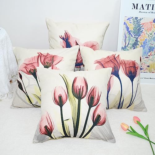 QUALKNOY Set of 4 Cushion Covers 18"x18" Red Flower Linen Modern Art Decorative Throw Pillow cases 45 x 45cm for Living Room Sofa Outdoor Pillowcases - Image 2