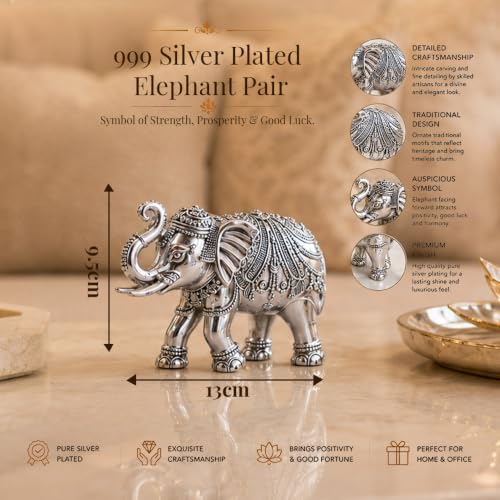 Image of DIVINITI 999 Silver Plated Elephant Pair Showpiece | Luxury Velvet Gift Box Included | Antique Finish Vastu Decor for Prosperity & Good Luck | Home, Office & Temple Decoration | 9.5 x 13 cm