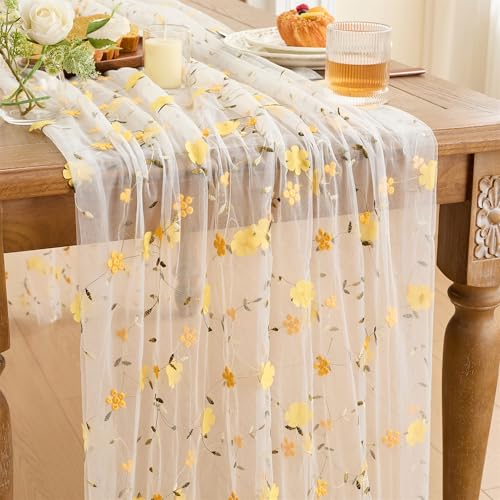 YATOJUZI Floral Table Runner Rustic Stereoscopic Embroidery Summer Decorations Seasonal Tulle Dining Table Runners for Home Kitchen Decor Wedding Shower Party