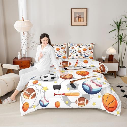 Image of Feelyou Soccer Basketball Comforter Set King Size Football Baseball Hockey Bedding Set for Kids Boys Girls Gaming Sports Duvet Quilt Bedroom Decor Microfiber 3 Pcs with 2 Pillow Cases