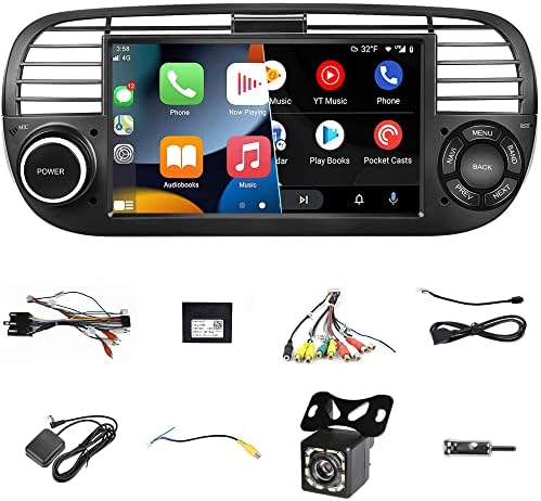 Autoradio RUXYAXFOL Per Fiat 500 2007-2015 | CarPlay & Android Auto Wireless, Bluetooth, AM/FM/RDS, EQ | Bianco, Plug&Play Con Controllo Volante