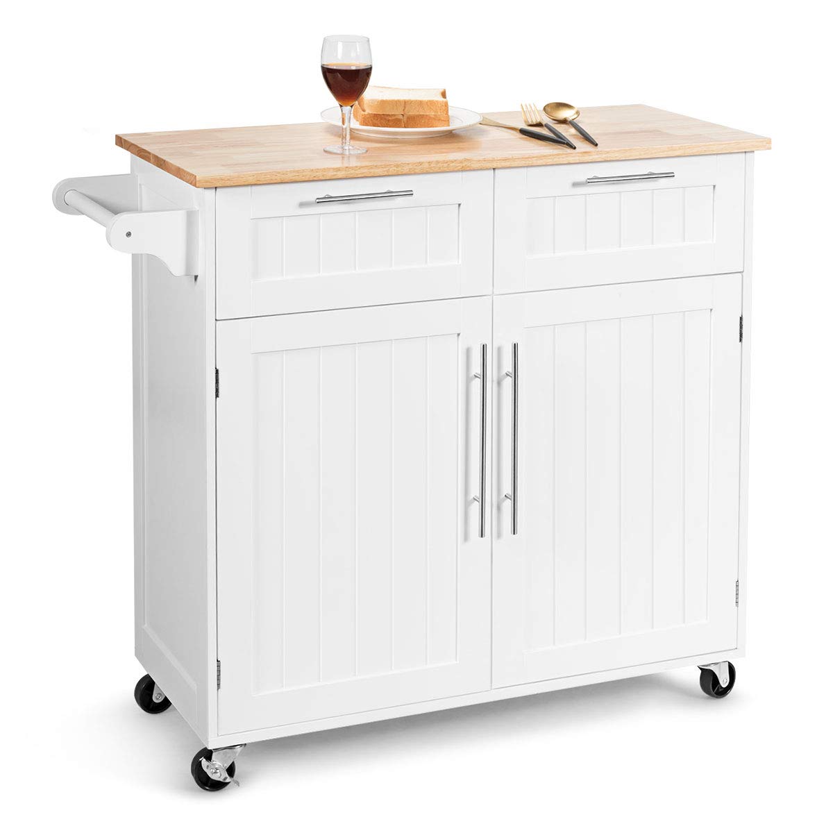 COSTWAY Carrito de Cocina, Carro de Cocina Giratorio con Cajones de Almacenamiento y Grandes Armarios, Carro de Servir, 4 Ruedas Universales y Toallero, 94 x 45 x 94,5cm (Blanco)