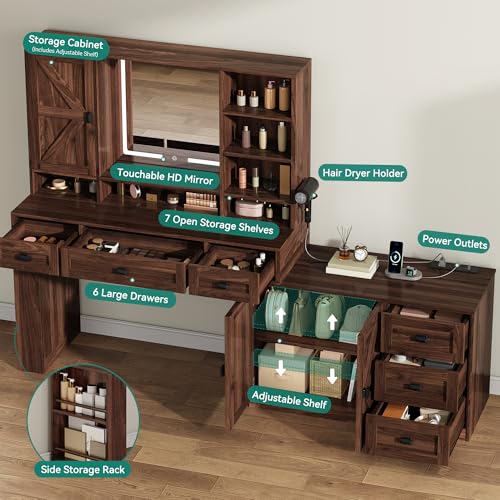 DWVO L Makeup Vanity Desk with Mirror and Lights, Farmhouse Big Lighted Vanity Table Set with 6 Drawers and Cabinet Shelves, 360° Rotation Large Dressing Table for Bedroom, Brown