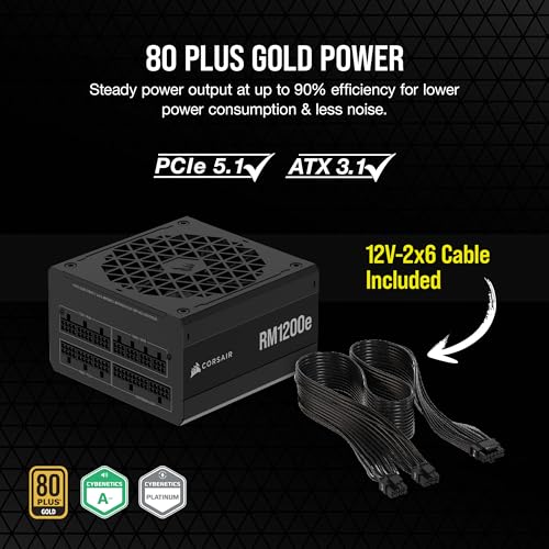 Image of CORSAIR RM1200e (2023) Fully Modular Low-Noise ATX Power Supply with 12V-2x6 Cable - ATX 3.1 & PCIe 5.1 Compliant, Cybenetics Platinum Efficiency, 105C-Rated Capacitors, Modern Standby Mode - Black