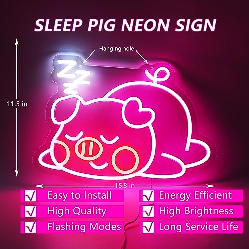 Image of Sleep Pink Cute Pig Neon Sign For Wall Decor Studio Bedroom Led Lights, Pink Gifts Decor Neon Signs Aesthetic Operated Light For Door Decorations, Drawing Room Accessories Neon Sign