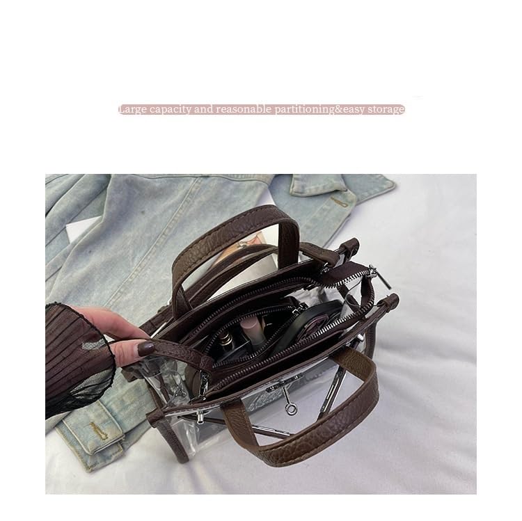 Tote Bag for Women PVC Clear Plastic Handbags PU Leather Shoulder Crossbody Bags Jelly Bags Purses(Coffee) 7