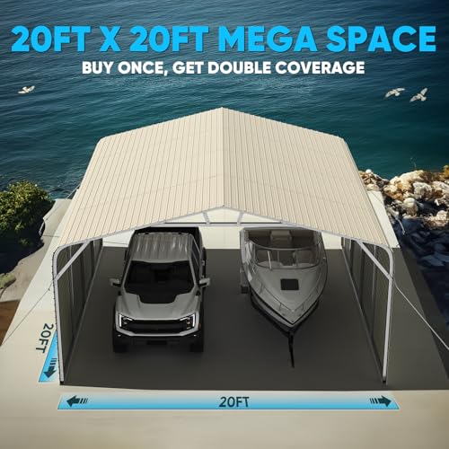 Image of ADVANCE OUTDOOR 2 Car Metal Carport, Heavy Duty 20x20 ft Garage Shelter with Side Panels & Pre-Drilled Holes for Cars, Boats, Equipment