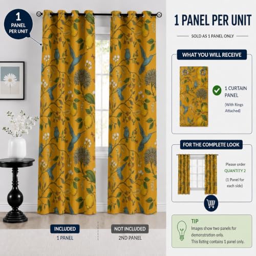 Image of BFAM Floral Print 100% Blackout Curtain with Black Linning at Back, Floral Print Curtains for Living Room /Bedroom Thermal Insulated Energy Saving, Yellow Bird, 9FT, Pack of 1 Curtain