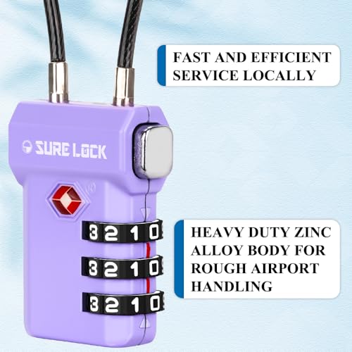 Image of SURE LOCK TSA Approved Luggage Locks with Open Alert Indicator, 3 Digit Combination Cable Travel Lock for Suitcase, Backpack, Gym Locker, Toolbox, Carry On & Travel Bag