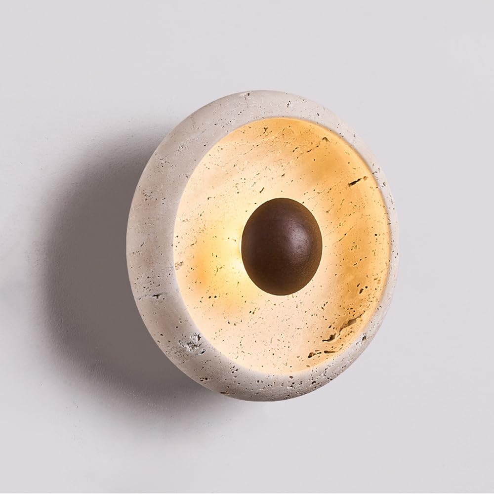 HUAYUSEDF Japanese Natural Stone Wall Sconce 9in Round Yellow Travertine Wall Light Warm Light Indoor Wall Lamps for Bedroom/Living Room/Staircase Lighting