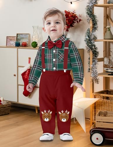 Baby Toddler Boy Christmas Outfit Reindeer Printed Detachable Bow Shirt Top Suspenders Pant Sets Boys Christmas Outfit2