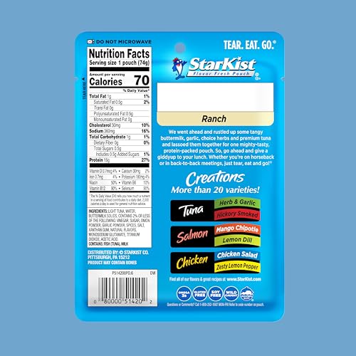 StarKist Tuna Creations Ranch, 2.6 oz Pouch (1 Pack) Ready to Eat Wild Caught Tuna, 15g Protein, 70 Calories Per Serving, Gluten Free, Soy Free, Kosher, Perfect for Salads, Keto Meals and Snacks - Thumbnail 2