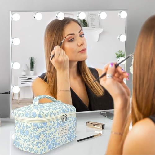 Image of MAYCREATE Makeup Pouch Bag 3pcs Makeup Organizer Bag Combo, Cosmetic Brush Makeup Pouch for Women, Quilted Cotton Large Floral Make Up Toiletry Bags for Travel