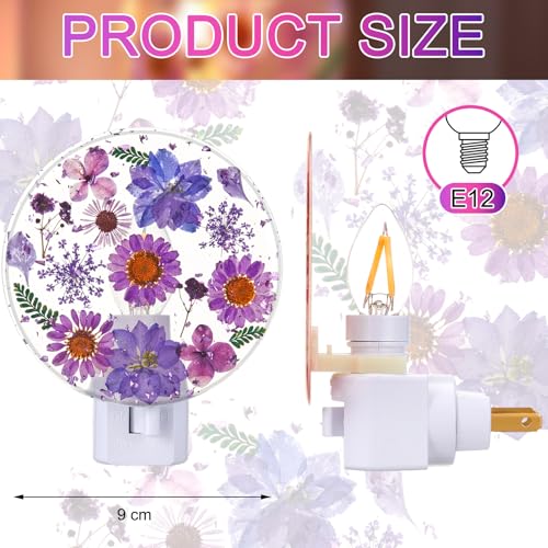 Image of Glooglitter Pressed Flower Night Light Plug in-Handmade Dried Floral Wall Night Light, Soft Glow Decorative Nightlight for Hallway Bedroom Nursery Bathroom, Vintage Botanical(Purple,Flower)