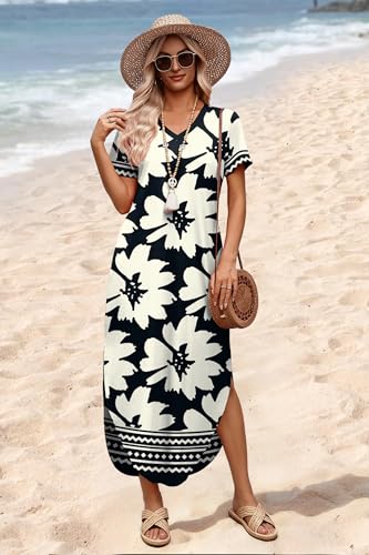 Image of WIHOLL Women's Summer Short Sleeve Dresses Maxi Dress Vacation Beach Sundresses 2026 with Pockets