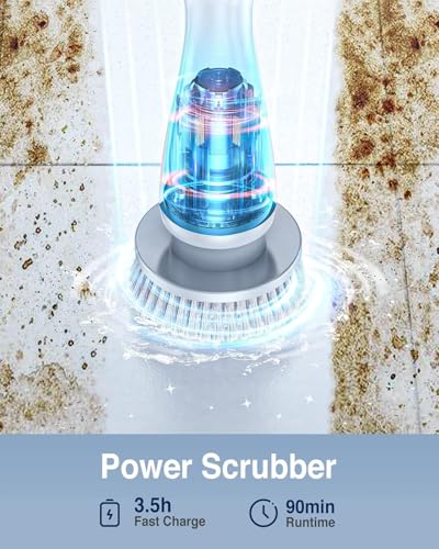 LABIGO Electric Spin Scrubber LA1 Pro, Cordless Spin Scrubber with 4 Brush Heads and Adjustable Extension Handle, Power Cleaning Brush for Bathroom