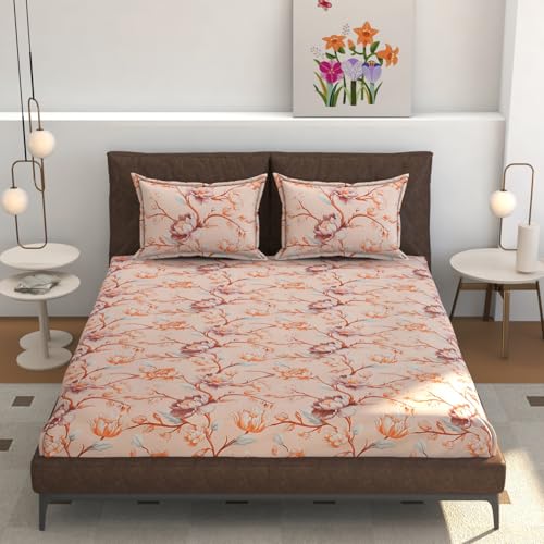 Image of Castiqa Elastic Fitted Supersoft Premium Polycotton 200TC Super King Size 108x108Inch Jointless Bedsheet with 2 Pillow Covers (Peach, Super King 108x108inch (12 inch Mattress))