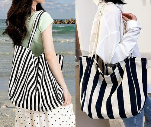 Image of Striped Canvas Tote Handbag for Women Vertical Stripe Large Capacity Shoulder Bag for Shopping Travel