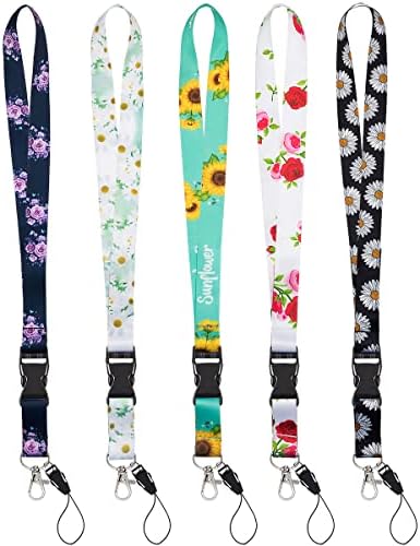 BLDXINWIN 5 Pack Detachable Keychain Lanyards for Car Keys, Elegant Flower Soft Fabric Neck Lanyard ID Badge Holder Lanyard with Release Buckle for Women Teacher Teens
