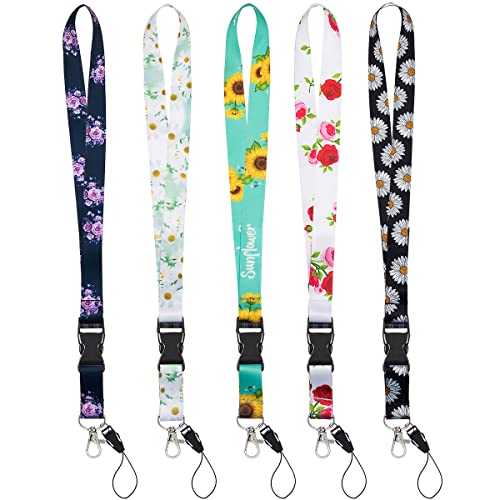 Bldxinwin 5 Pack Detachable Keychain Lanyards For Car Keys, Elegant Flower Soft Fabric Neck Lanyard Id Badge Holder Lanyard With Release Buckle For Women Teacher Teens #TOP1