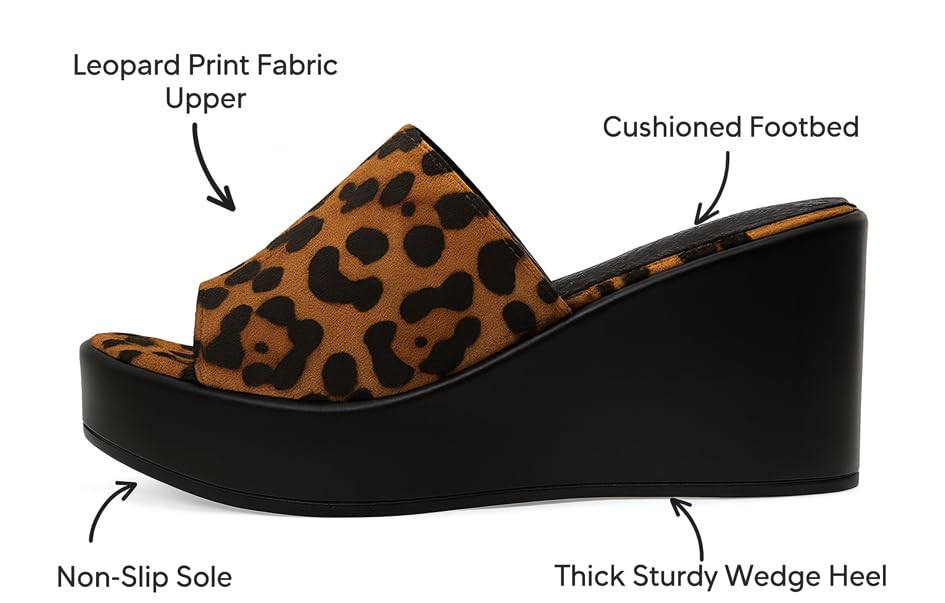 Image of Women's Leopard Print Platform Wedge Slide Sandals | Open Toe Slip-On High Heel Casual Dress Mules | Fashion Comfortable Summer Party Sandals for Women W-5150