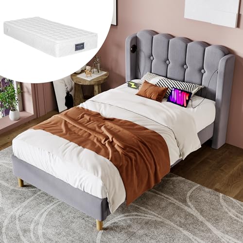 Generisch Cama tapizada individual USB-C base de carga 90 x 200 cm gris lino – Cama juvenil tapizada con somier y colchón de muelles ensacados para dormitorio y habitación de invitados