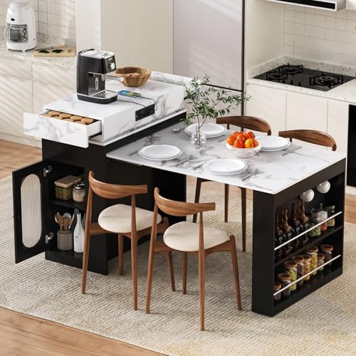 YEHTOKHOME Îlot Central Cuisine sur roulettes, Meuble de Cuisine avec Rangement et Plan de Travail Extensible, Table de Bar avec Prises, 2 Tiroirs et Porte,...